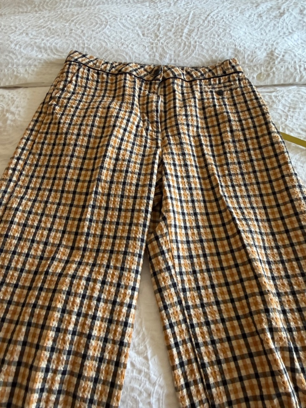 Anthropologie Yellow and Navy Plaid Seersucker Chinos